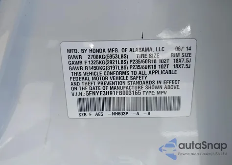 2015 Honda Pilot Touring from USA, damaged, VIN 5FNYF3H91FB003165